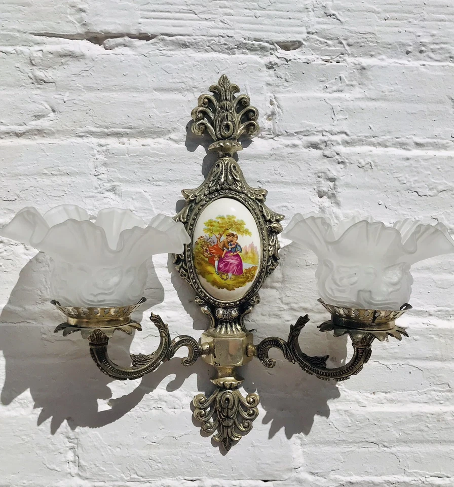 Aplique de pared antiguo de bronce fundido plateado, placa de porcelana Limoges, 2 luces Foto 2 de 4