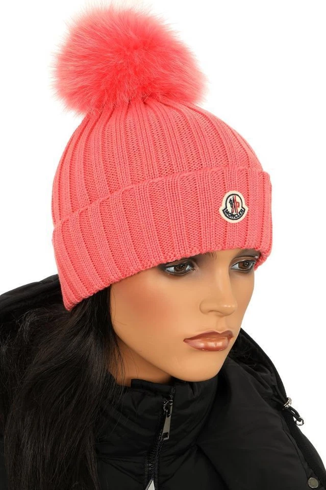 NUEVO MONCLER BRILLANTE CORAL LANA POM POM GORRO LOGO SOMBRERO TALLA ÚNICA CÓDIGO RFID Foto 2 de 4