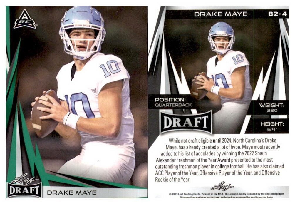 2023 Leaf Draft #B2-4 DRAKE MAYE ROOKIE GREEN PARALLEL UNC MINT RC