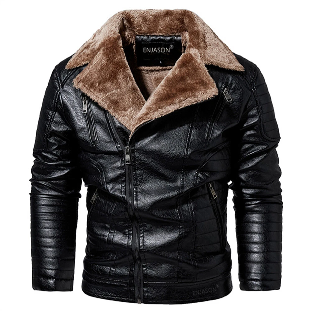 Mens Pu Leather Jacket Casual Coats Winter Warm Outdoor Fleece Coat