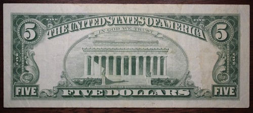 1963 $5 Red Seal Federal Reserve Note Circulated P35 - Picture 2 of 2