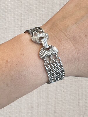 Vintage Goldette NY Bow Chain Bracelet Silver Multi Triple Strand 