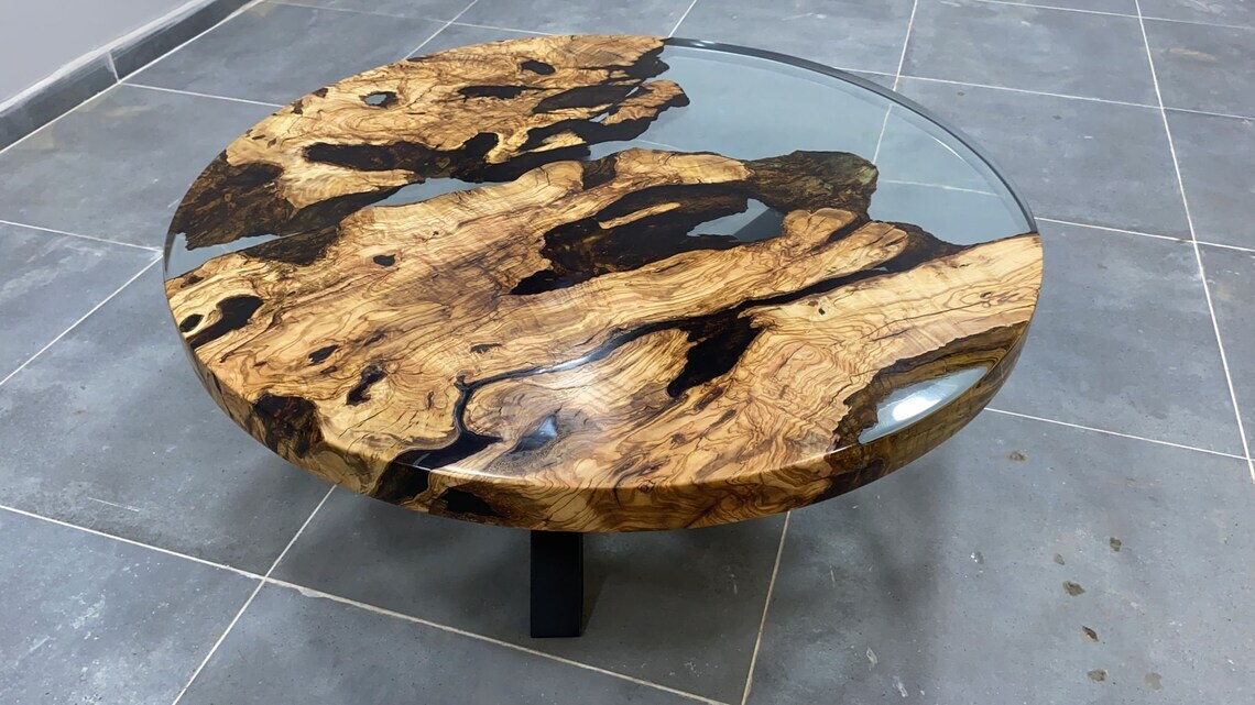 Custom Order Diameter Round Olive Wood Clear Epoxy Dining Table, Round Epoxy Top-image