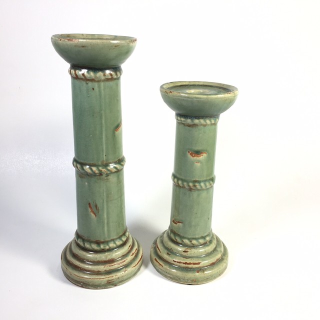 Pair Ceramic Pillar Candle Holders Farm House Decor Sage Green