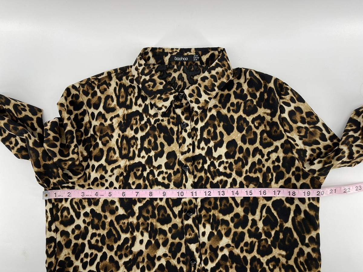 Boohoo Leopard Print Button Front Collard Dress Womens Size Long