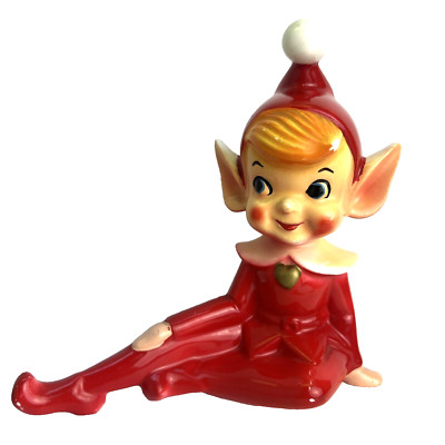 Vintage MCM Lego Japan Large Ceramic Red Sitting Pixie Elf Figurine Christmas