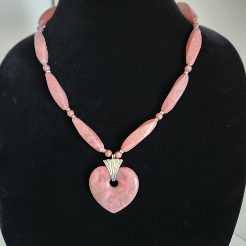 Sterling Silver w/ Rhodonite Beads Necklace & Rhodonite Heart Pendant