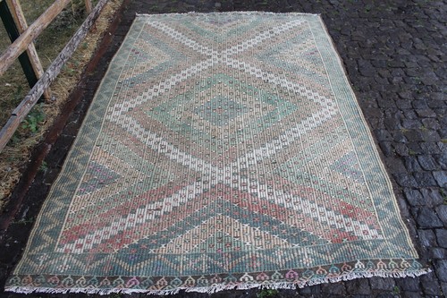 Vintage Handmade Turkish Oushak Bathroom Area Rug Kilim, 10'3"x6'6" - Picture 8 of 11