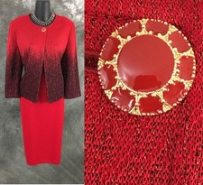BEAUTIFUL St John evening knit red black jacket skirt suit size 10 12