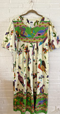 VINTAGE METROPOLITAN MIDI CAFTAN DRESS FLORAL BIRDS COTTON M POCKETS