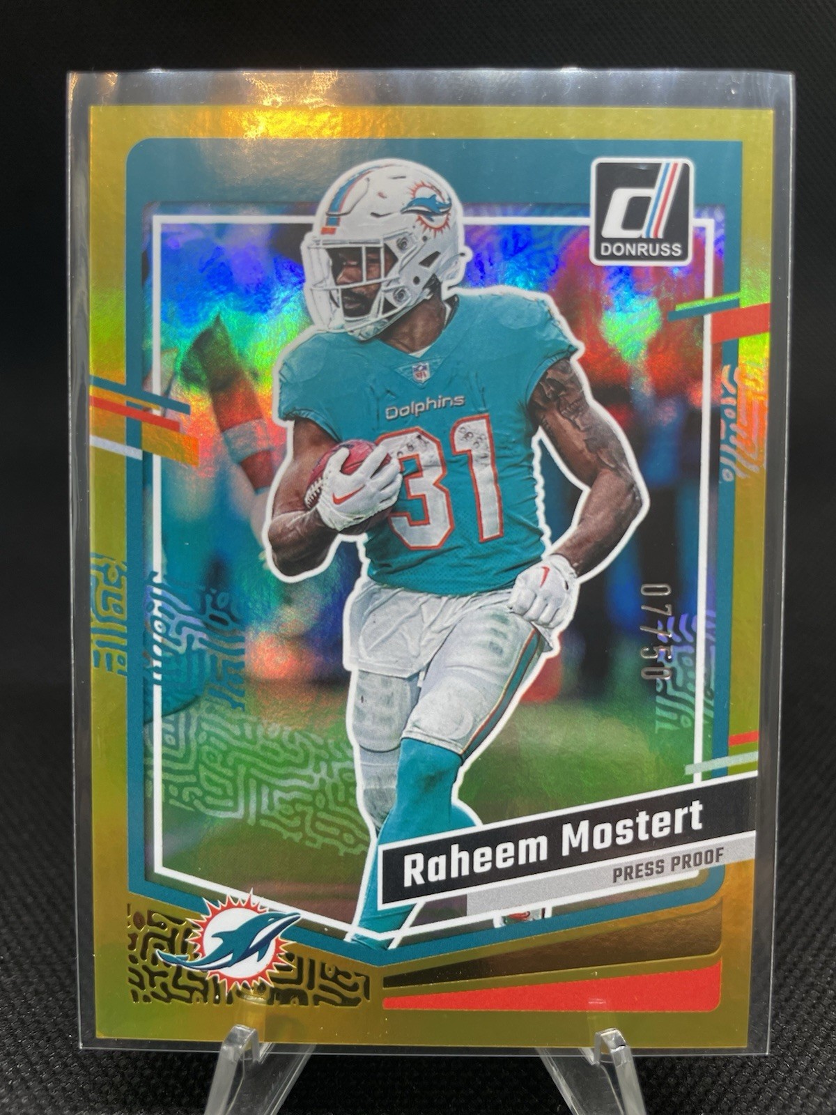 Panini 2023 Donruss Raheem Mostert #189 Press Proof Gold /50 Dolphins