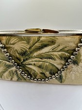 RARE VTG 1960 Tapestry Handbag Pearl Handle Clutch Palm Tree Design Kiki Pearl