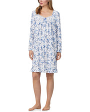 Nwt 64 Eileen West Blue/White 100 COTTON KNIT Long Sleeve Short Nightgown XL