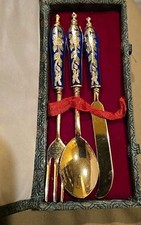 CLOISSONE CHILD TODDLER CUTLERY. 6  FORK SPOON GOLD-TONE IN CHINESE STORAGE BOX.