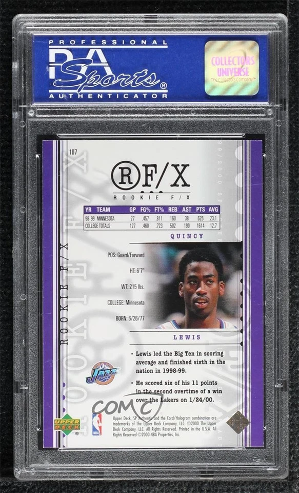 1999-00 SP Authentic Rookie F/X /1500 Quincy Lewis #107 PSA 8 Rookie RC - Image 2 of 2