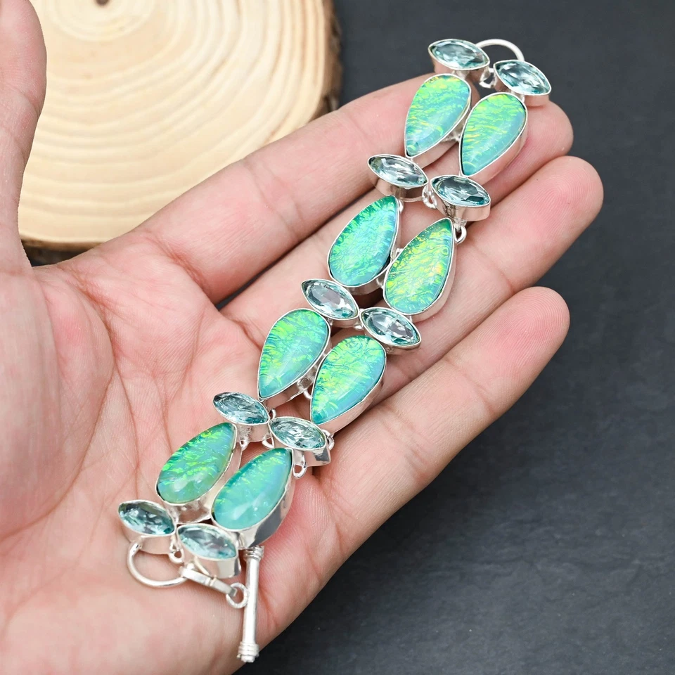 Bracciale gioiello in argento sterling 925 con topazio blu opale tripletta ve... - Immagine 4 di 4