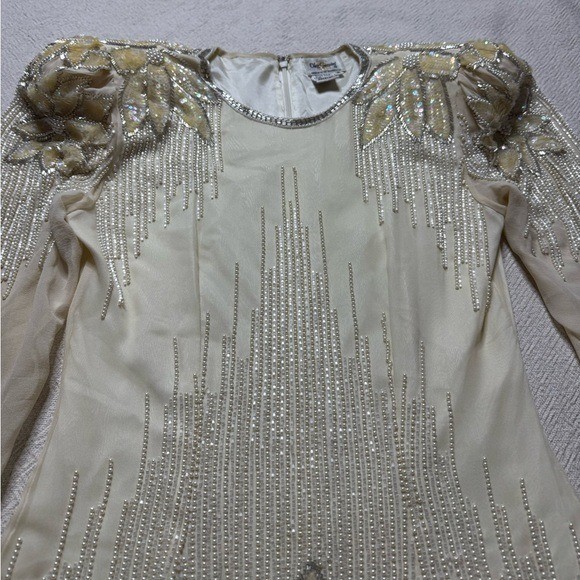 VTG 80s Oleg Cassini The Great Gatsby Silk Cream Sequins Beaded Dress 6 Party