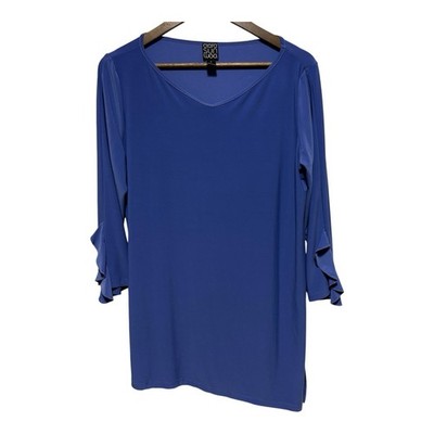 Clara Sun Woo Tunic Womens L Periwinkle Blue Stretch Knit Ruffle Sleeve V Neck