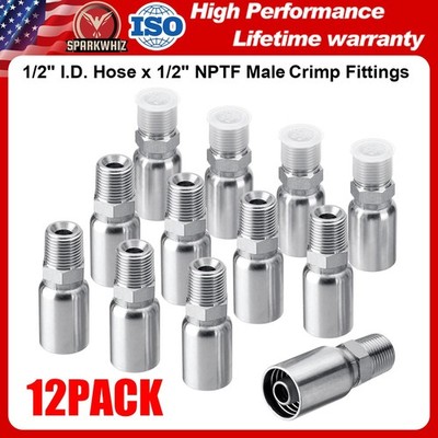 12 Pack 1/2'' I.D. Hose x 1/2'' NPTF Male Hydraulic Hose End Crimp Fittings