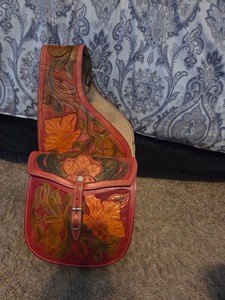 Hand-Tooled Floral Leather Western Saddle Bag Double Pouch Red/Orange Brown