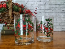 Vintage Cardinal Holly Berries Rocks Lowball Glass Tumblers Set of 2