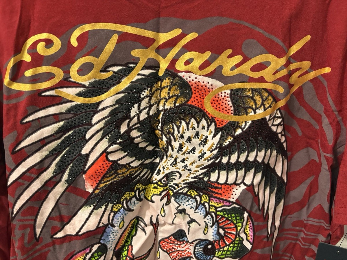 Men's Ed Hardy Skull Graphic T-Shirt with Rhinestones Red size XL
