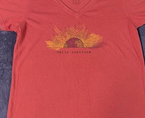 Life is Good Women Classic Fit Tee Size M Red Orange V Neck Hello Sunshine - Picture 2 of 5