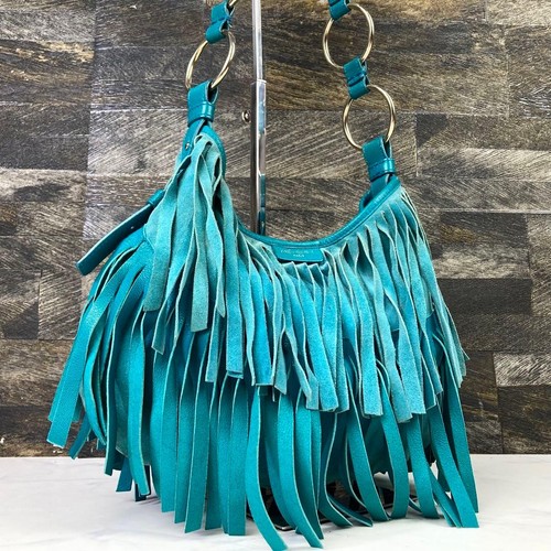 YVES SAINT LAURENT Shoulder bag Suede Leather Fringe Blue Vintage From Japan