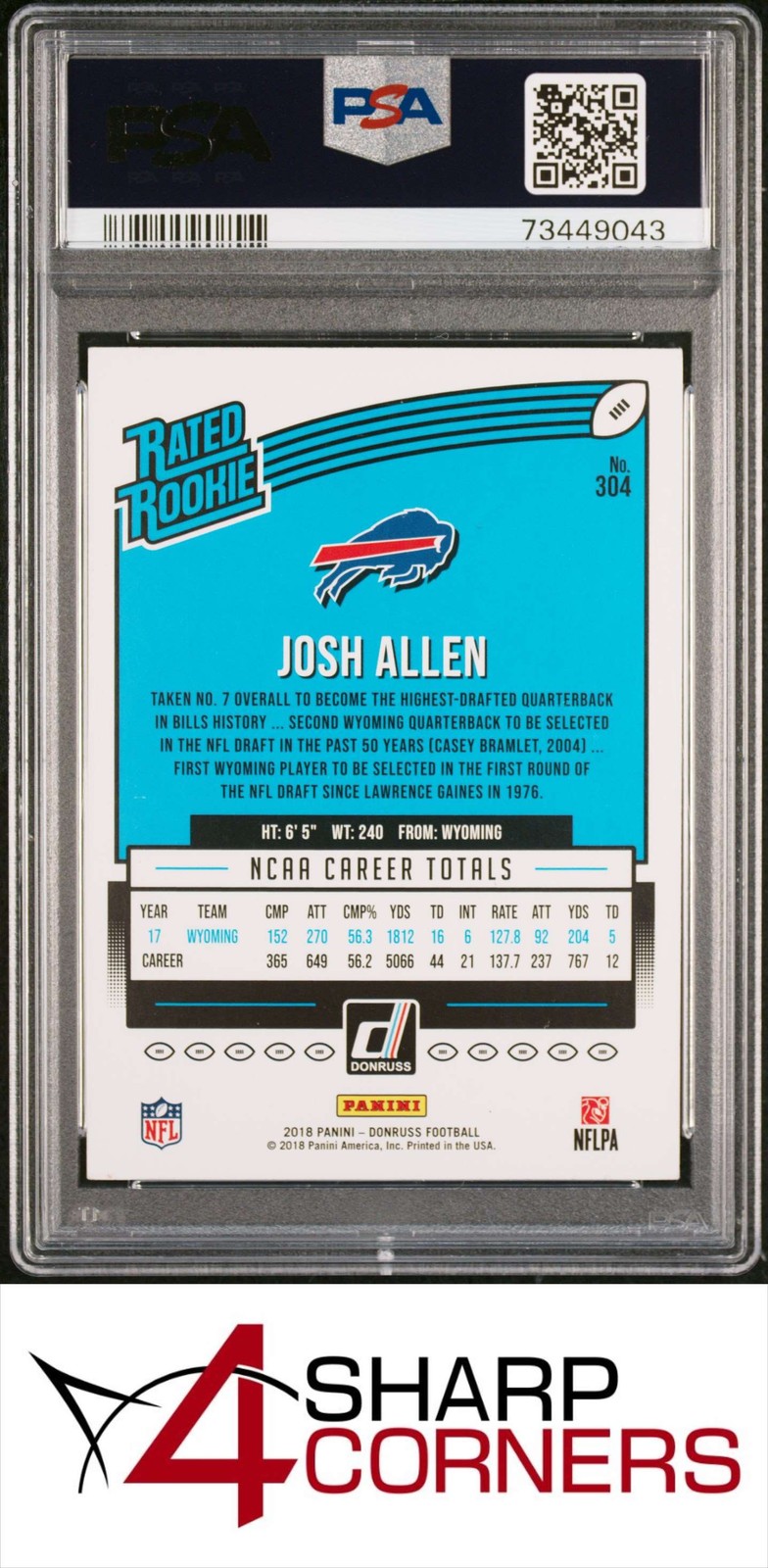 2018 PANINI DONRUSS #304 JOSH ALLEN RC RATED ROOKIE BILLS PSA 6 view 2