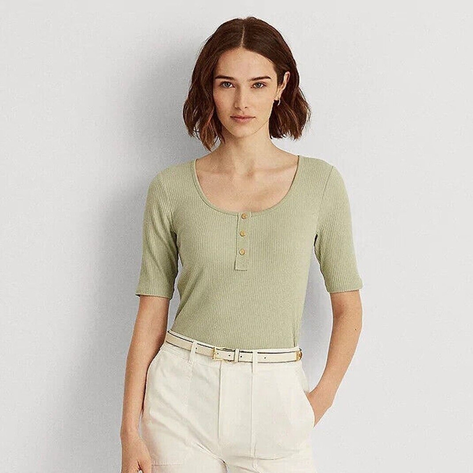 Lauren Ralph Lauren Women Ranch Sage Ribbed Knit Elbow Sleeve Henley Top Size XL