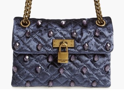 NEW Kurt Geiger Blue Quilted Velvet Rhinestones Lock Convertible Crossbody Bag