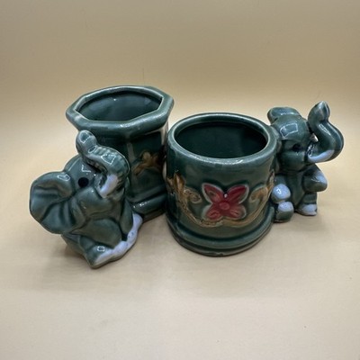 2 Vintage Small Trunk Up Green Elephant Planters Lucky Bamboo Succulents