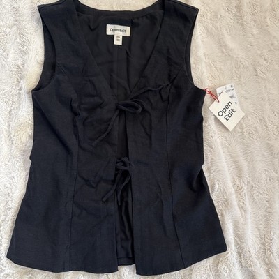 Open Edit Women's Tie Front Linen Blend Top Black Xxs Nwt$69.5