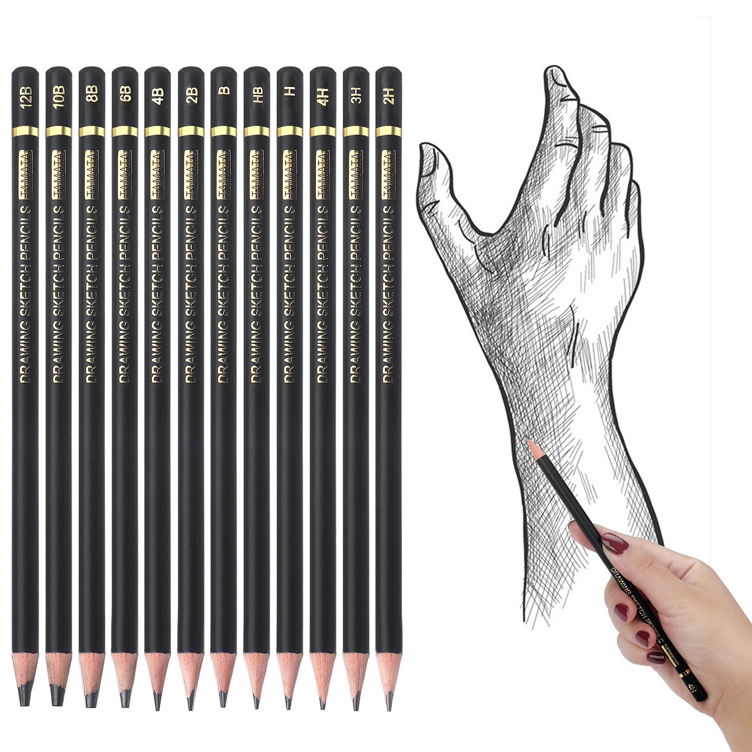 TAMATA 12 Pc Professional Graphite Sketching Pencil Set (12B-4H) for Artists