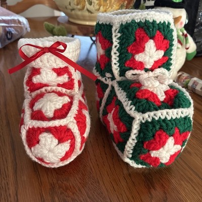 Two Vintage Crotched Granny Square Christmas Stockings