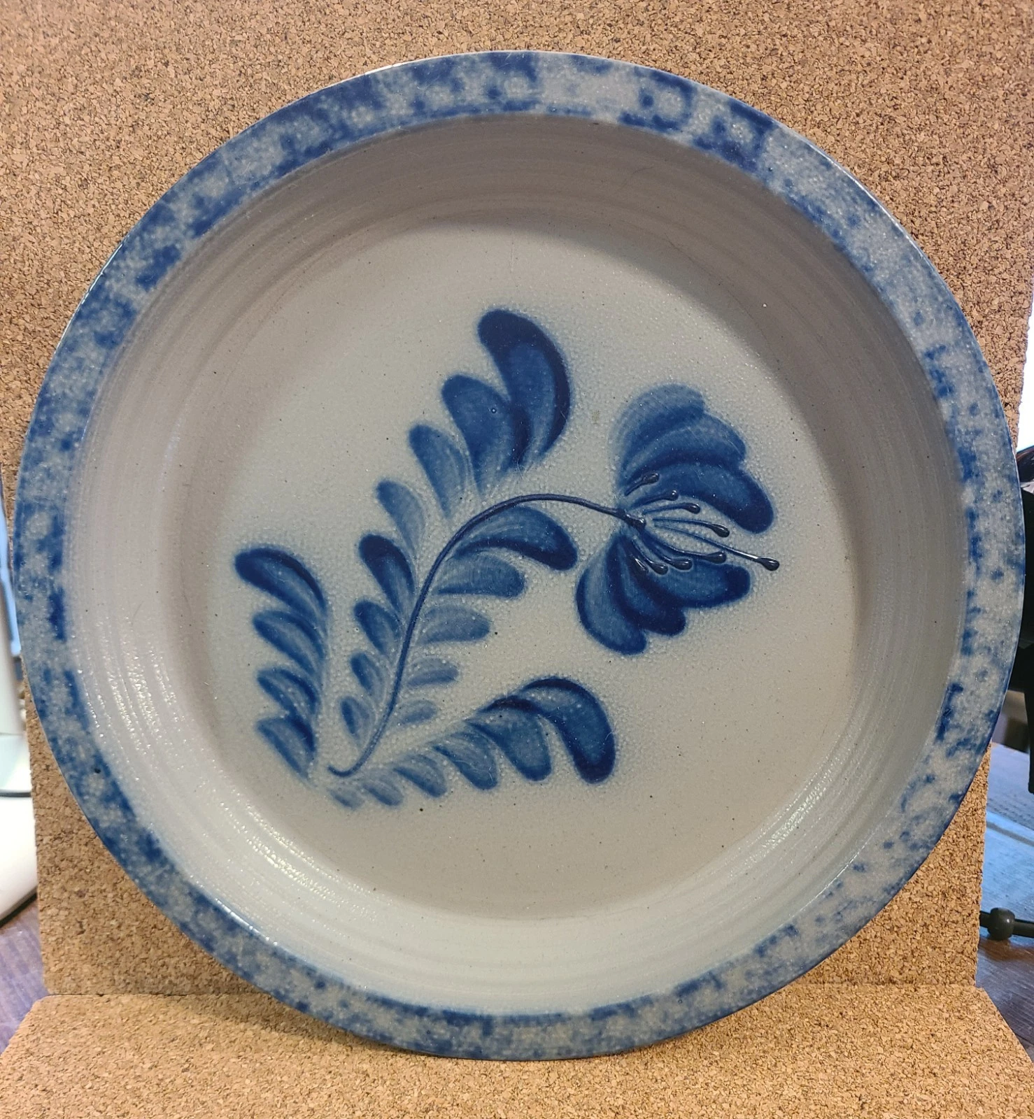 Vtg 1993 Eldreth Pottery 11" Pie Plate Cobalt Salt Glaze Folk Art Floral Signed