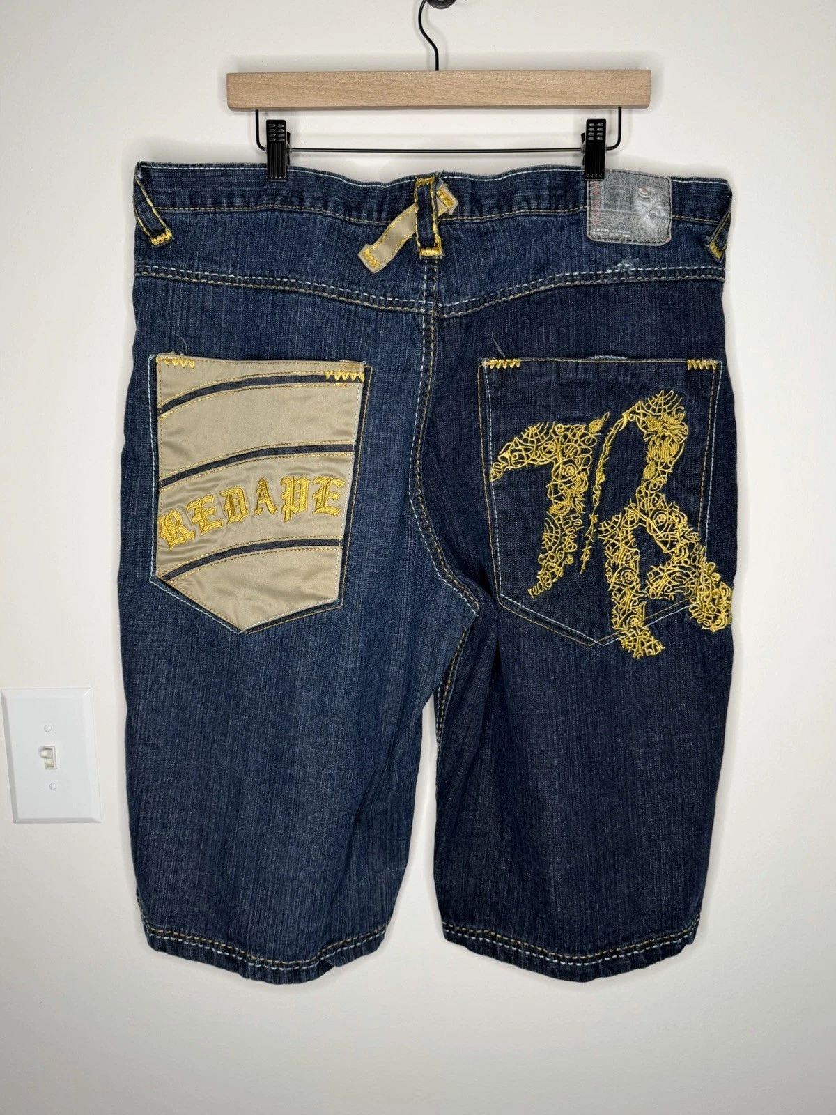 Vintage Y2K Red Ape Crazy Embroidered Gold Baggy Denim Shorts Jorts Size 40