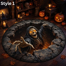 Halloween Skeleton Rug, 3D Illusion Grim Reaper Round Rug, Scary Skull Floor Mat