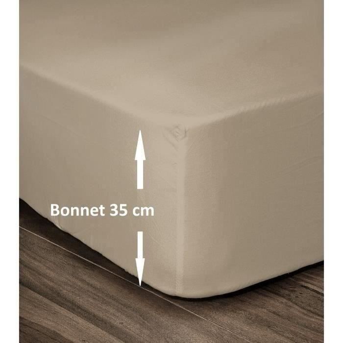Drap housse 160x200cm LOVELY HOME en pur coton beige avec grand bonnet de 35cm