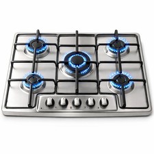 Piano Cottura Acciaio Inox 75 cm con Griglia e Bruciatori in Ghisa 5 Fornelli