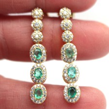 Emerald Drop Earrings 925 Silver Green Gem CZ Halo Dangle