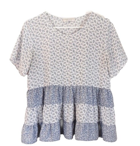 PAPER CRANE Tiered Floral Contrast Babydoll Blouse Top Blue White Size S Small - Picture 4 of 5