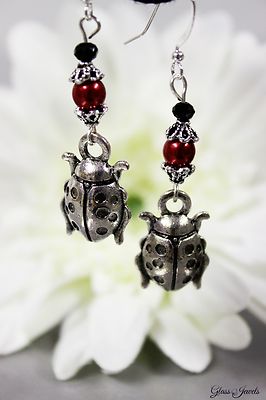 Glass Jewels Süße Silber Ohrringe Ohrhänger Perlen Rot Maikäfer Glückskäfer#L078