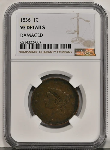 1836 LARGE CENT Coronet Head NGC VF-Details DAMAGE Graded Coin 1726