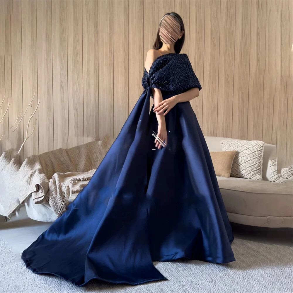 Elegant Navy Blue vA-Line One Shoulder Party Dresses With Sequins