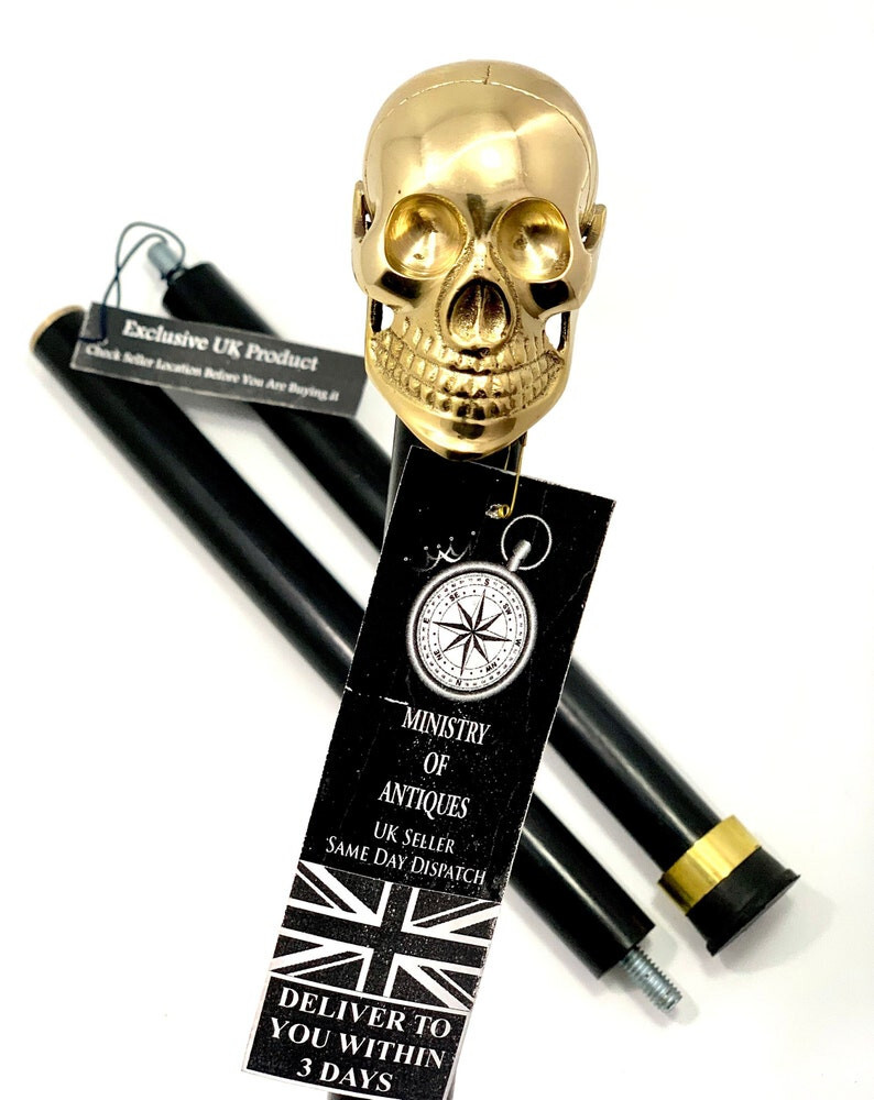 Antique Brass Solid Skull Design Head Handle Blac… - image 1