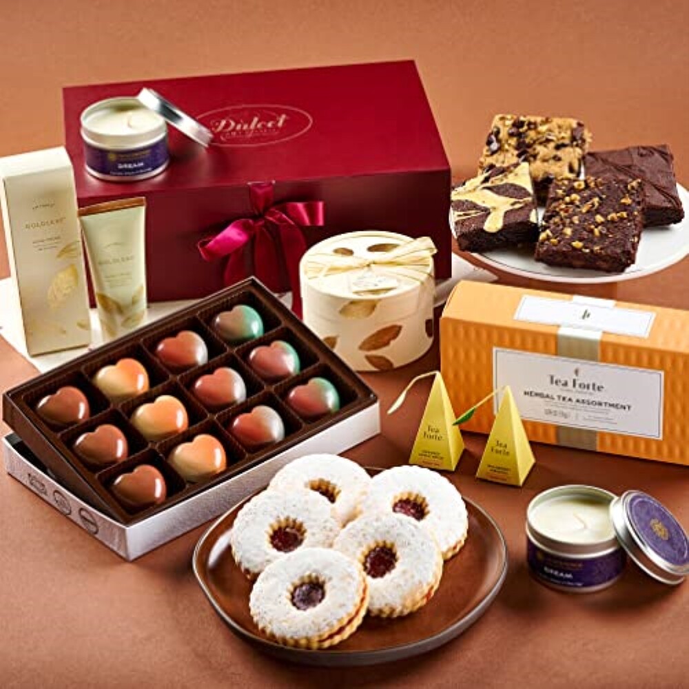 Dulcet gift baskets gourmet gift box featuring brownies, cookies, and chocolates