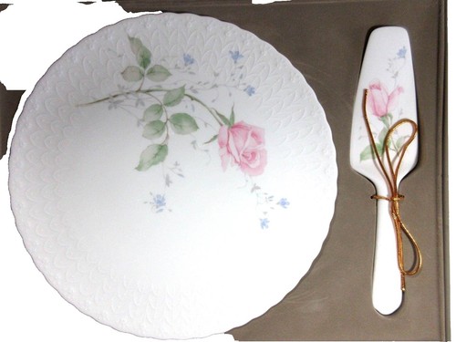 Vintage Cake Plate And Server Pink Rose W/ Blue Baby Breath Floral