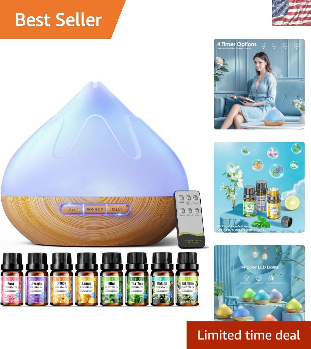 Aromatherapy Essential Oil Diffuser with 8 Oils, 14 LED Colors & Auto Shut-Off-image
