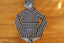 Dance Costume Jazz Tap Romper Shorts w long sleeves black  white stripes hood